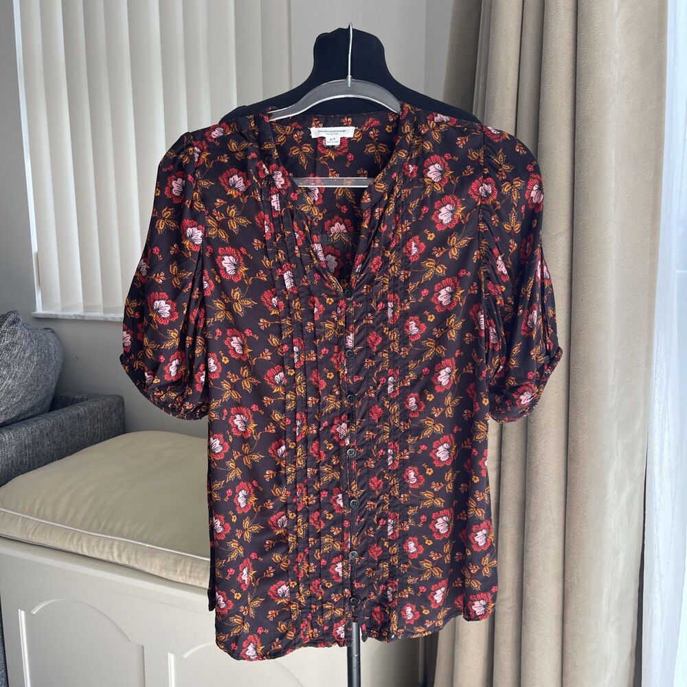 Beach Lunch Lounge Collection Floral Black Retro Blouse Balloon Sleeve S
